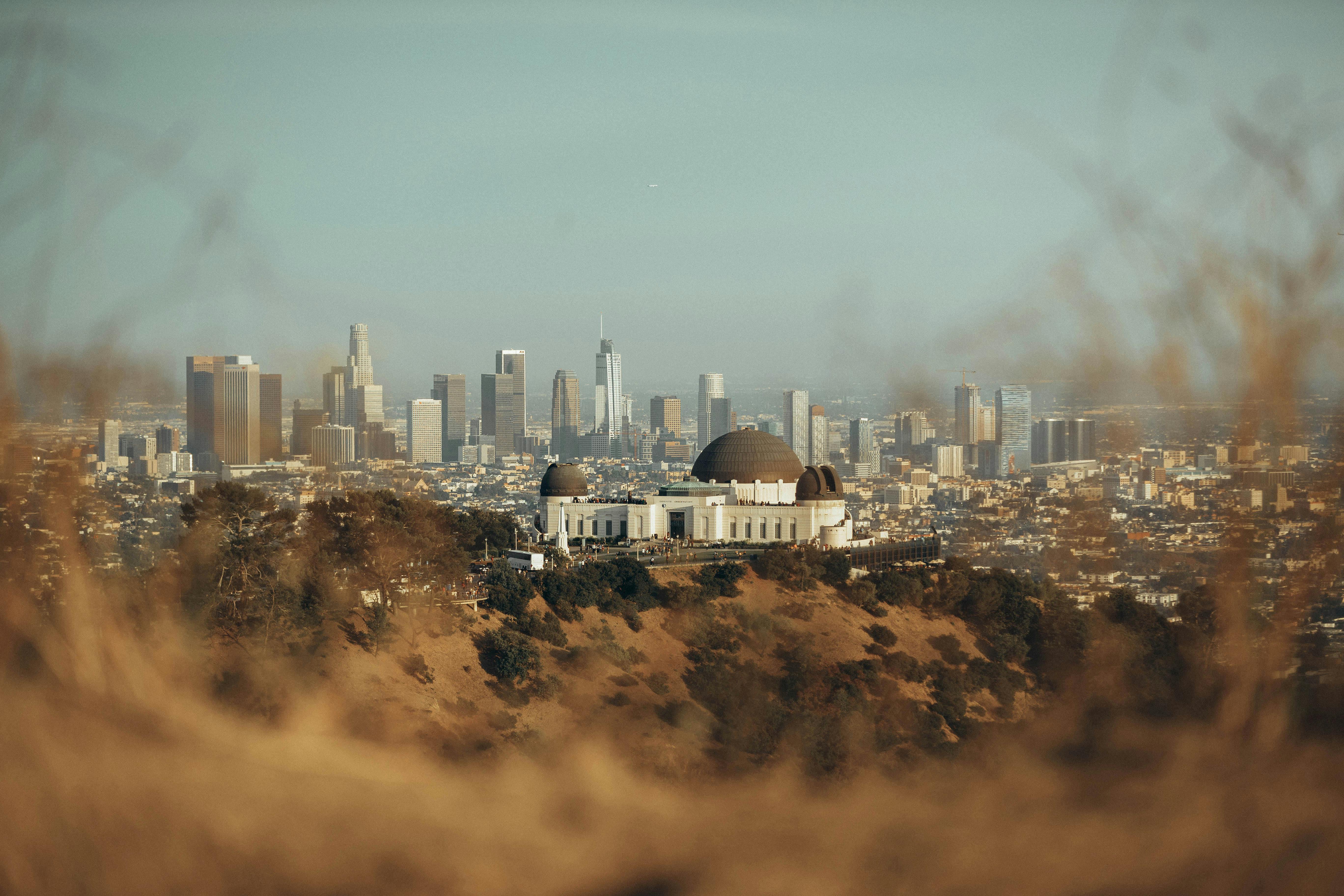 Distant view of Los Angeles with tall buildings